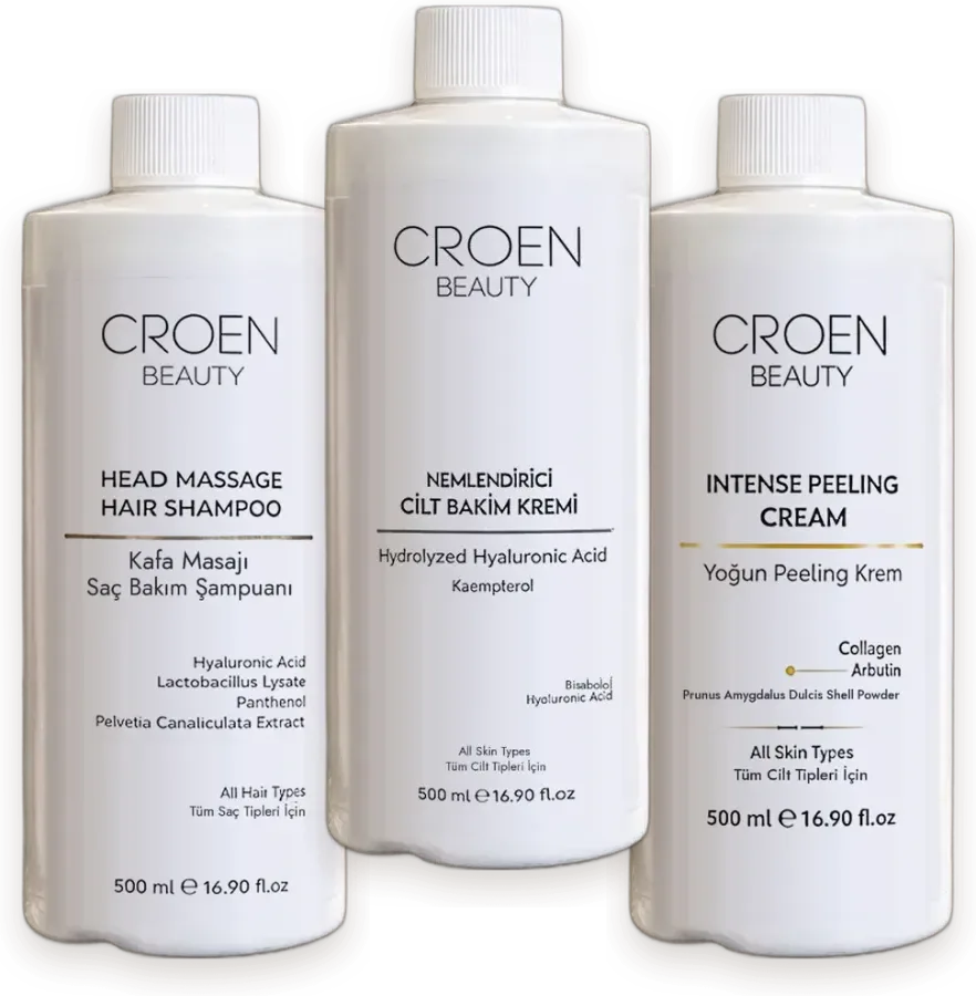 Croen 500 ml kabin serisinden şampuan, nemlendirici krem ve yoğun peeling krem.