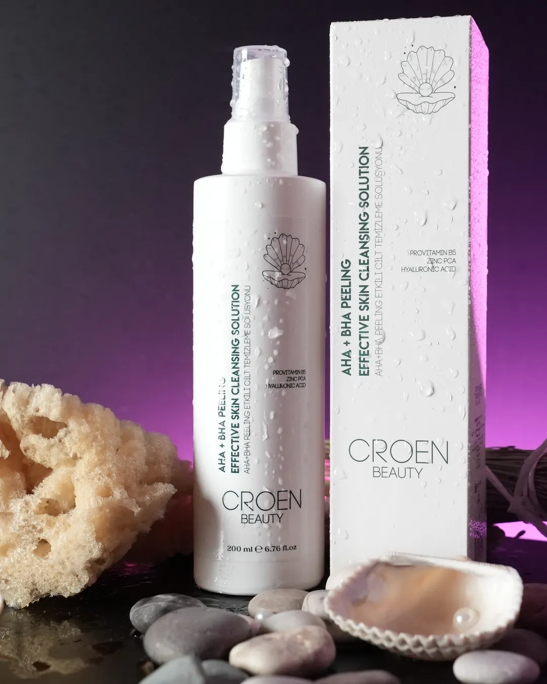 Croen AHA + BHA Peeling Etkili Temizleme Solüsyonu ve kutusu, deniz süngeri ve lavanta ile