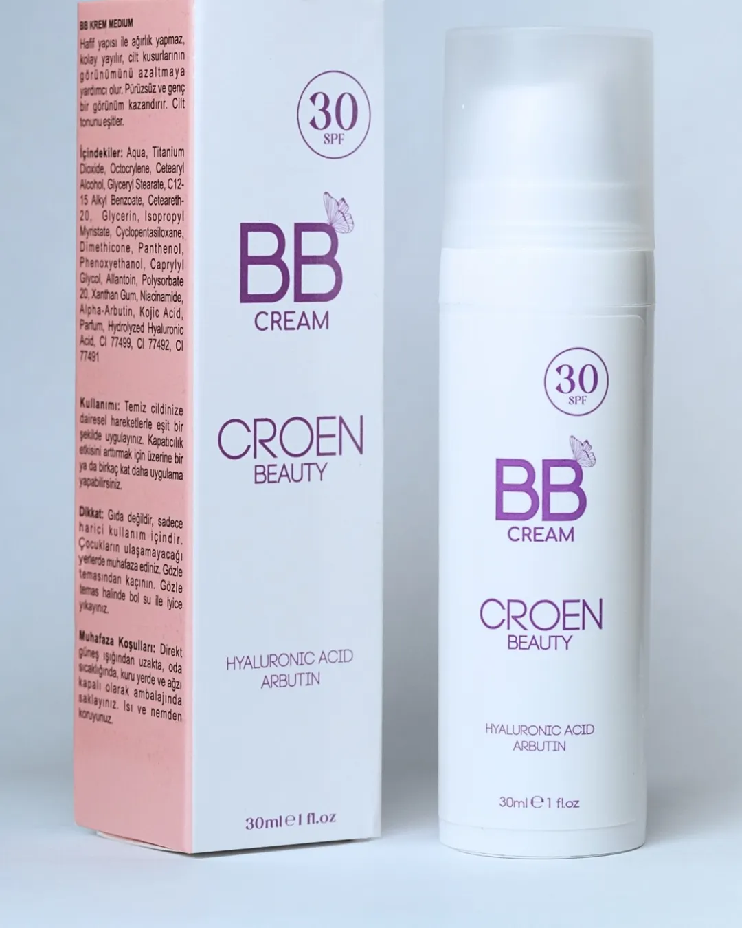 Croen BB Krem SPF 30 Medium şişesi ve içerik listesi görünen kutusu